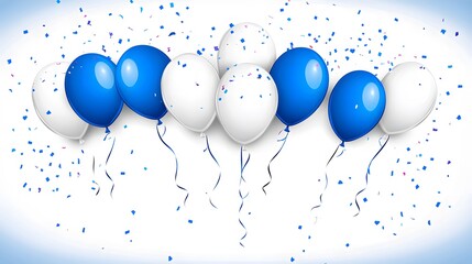 Celebration concept with blue and white balloons and falling confetti