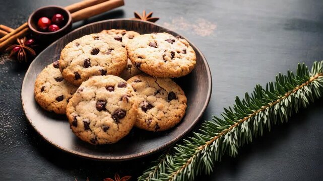 Chocolate chip cookies on plate with rustic holiday decorations