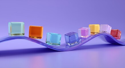 Chromatic Cubes on a Wavy Plane: A vivid arrangement of colorful cubes elegantly balanced on a textured, wave-shaped surface, evoking a sense of balance and contemporary design. 