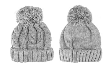 Gray wool knitted hat isolated on white background.