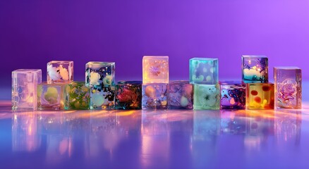 Colorful ice cubes: A vibrant arrangement of decorative ice cubes in various hues and designs, illuminated against a gradient backdrop. Perfect for beverage ads.