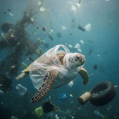 A turtle trapped in a plastic bag underwater, plastic pollution