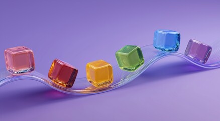 Colorful Cubes: Six vibrantly colored cubes rest on a curved transparent surface against a lilac background, showcasing the beauty of simplicity.