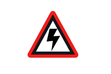 A red and black triangular warning sign with a lightning bolt symbol, indicating danger from electricity on a transparent background. background removed