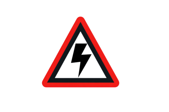 A red and black triangular warning sign with a lightning bolt symbol, indicating danger from electricity on a transparent background. background removed