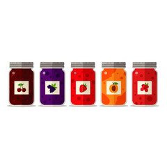 Five jars of various fruit jams are displayed in a row against a white background.