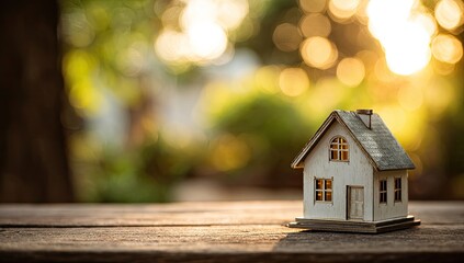 Miniature wooden house on rustic table, soft sunlight