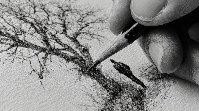 Monochrome image showcasing a detailed pencil drawing of a solitary figure under a tree, capturing intricate details and artistic skill.