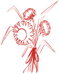 Whimsical hand drawn sunflowers bucket with ribbon. Perfect for design element, sticker, wedding, valentines, card.