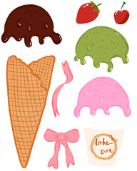 Set of ice cream part. Cone, ice cream scoops, cone handle, berries topping. Perfect for kids book, cut and sticks activity.