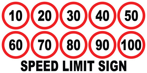 Collection of speed limit signs ranging from 10 to 100 vector illustration for traffic and safety awareness