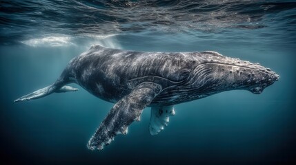 Obraz premium Underwater view of majestic whale swimming gracefully in deep ocean waters. Sunlight filters through surface, creating ethereal effect.