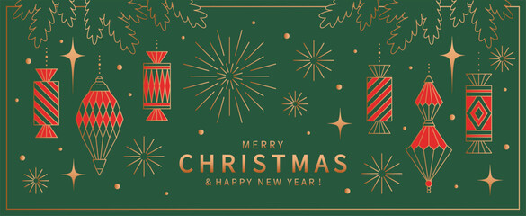 Christmas banner. Holiday background with gold line, Christmas tree decorations and sweets in red and green colors. Xmas vector design for winter holidays.
