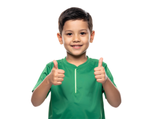 Young boy in green soccer uniform giving a thumbs up and smiling cheerfully, happy sports pose, isolated on transparent background, PNG