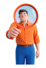 Obraz premium 3D Orange Shirt Man Holding Magnifying Glass with Transparent Background, 3D Realism Graphic for Web Design