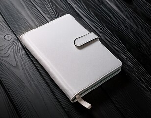 White Notebook on Black Wooden Surface: Clean Design for Productivity and Organization, Ideal for Writing, Planning, and Note-Taking.
