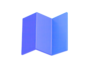 A stylized, folded, blue paper map isolated on a stark black background