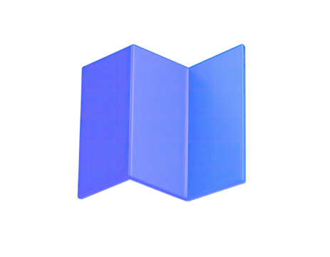 A stylized, folded, blue paper map isolated on a stark black background