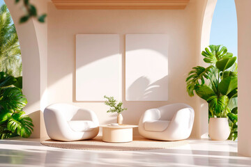 Modern neutral lounge with two white chairs circular table and placeholder frames