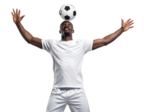 African football player performing a powerful header, striking the ball with his head, dynamic soccer action, isolated on transparent background, PNG