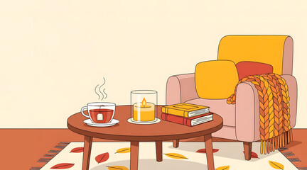 Cozy living room with armchair and table in autumn season. Seasonal home interior. Warm fall decor and comfortable atmosphere illustration