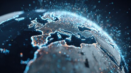Detailed View of Europe Illuminated by Vibrant Digital Connections Over a Globe at Night