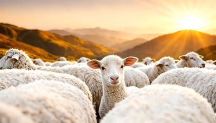 Fototapeta premium White Sheep Grazing in Sunny Meadow with Golden Light and Rolling Hills