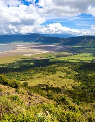 Obraz premium High-angle view of a vast African landscape. A dry, light-colored area meets lush green grasslands and forests. Clouds dot a vibrant blue sky. Mountains are in the distance