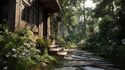 Rustic Cottage Garden Path Invites Exploration and Tranquility on a Beautiful Sunny Day