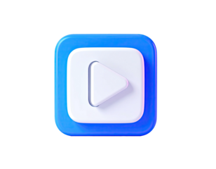 3D, rounded-square button with play symbol, in blue, white, and a bit of pink