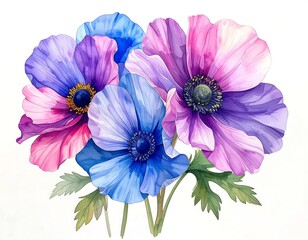 Vibrant bouquet of anemones in shades of pink, purple, and blue.  Delicate floral artwork, detailed petals, on white background