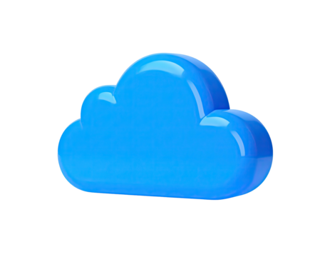 Glossy, blue, three-dimensional cloud icon floats against a stark black background