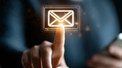 Close-up of a hand touching a glowing email icon on a digital interface, with spark effects on a dark background, concept of communication technology - Powered by Adobe