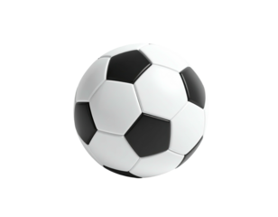 Rendered, 3D soccer ball in classic black and white pattern against black