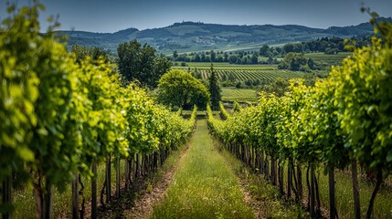 Lush green vineyard rows stretch towards rolling hills under a clear blue sky