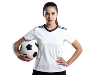 Professional female football player standing confidently while holding a soccer ball, athletic sports portrait, isolated on transparent background, PNG