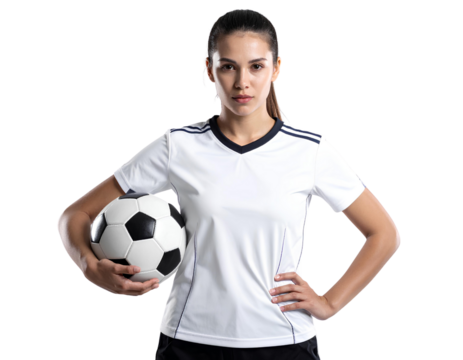 Professional female football player standing confidently while holding a soccer ball, athletic sports portrait, isolated on transparent background, PNG