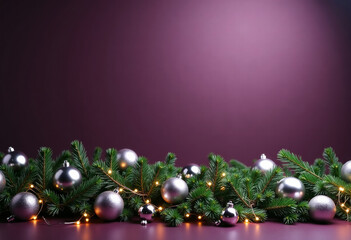 Christmas decoration violet background with garland< lights and balls. Text space