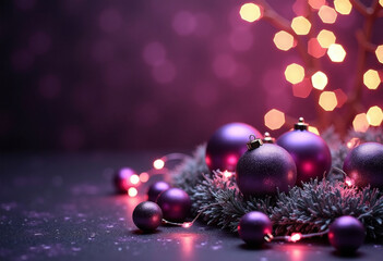Christmas Eve decorative dark violet balls,  glowing garland. Text space. New Year and Christmas celebration concept