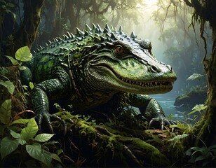 Large, green, mythical crocodile in a lush jungle