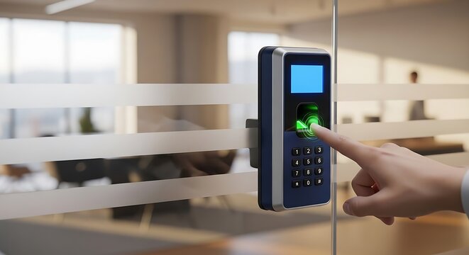 Person using a fingerprint scanner for access