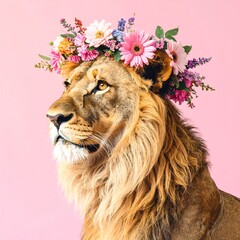 Lion with floral crown, profile view against pastel pink backdrop