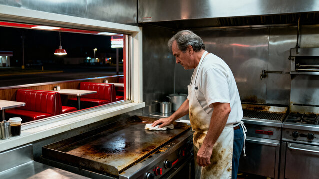 An elderly cook in an apron diligently cleans a flat-top grill in a commercial diner kitchen at night, preparing for the next day of service.