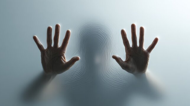 Anonymous human figure pressing hands and face against a translucent surface, conveying concepts of being trapped, desperation, fear, and struggle for freedom