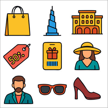 Dubai Shopping Festival Flat Icon Set, Modern Shopping & City Lifestyle Collection 