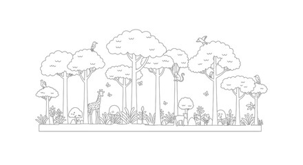 A whimsical black and white drawing of a savanna with animals