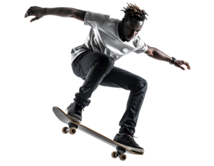 Wide-angle low view of a young Black male skateboarder performing a trick, dynamic street sports action, isolated on transparent background, PNG