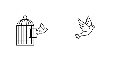An open birdcage with a flying bird representing freedom and release