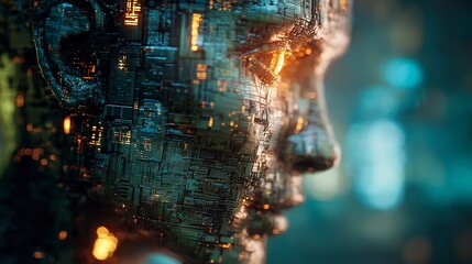 Artificial Intelligence Gaze: A Cybernetic Face with Glowing Eyes and Circuitry Detailing in Close-up.