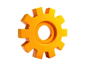 Glossy, 3D rendered gear icon, illuminated and set against a deep black background
